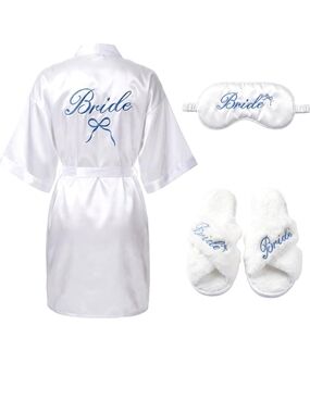 Bride Satin Robe Set with Slippers and Eye Mask - White